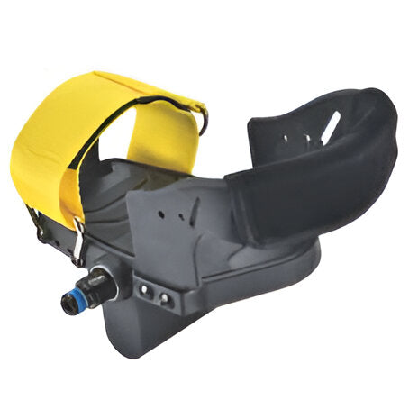 A pair of medical support pedals designed for children, primarily black with yellow accents, and adjustable straps.