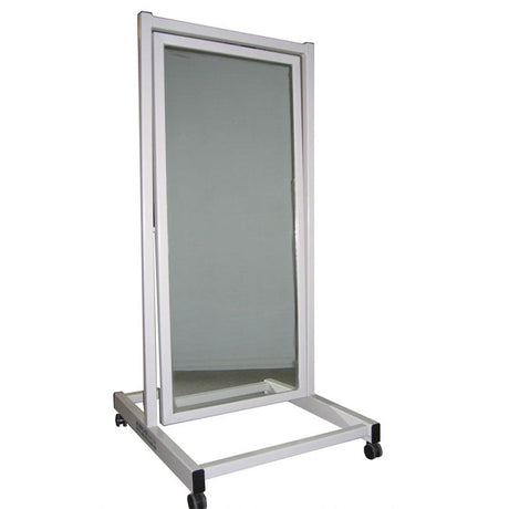 Portable display stand with a mirror on a white background