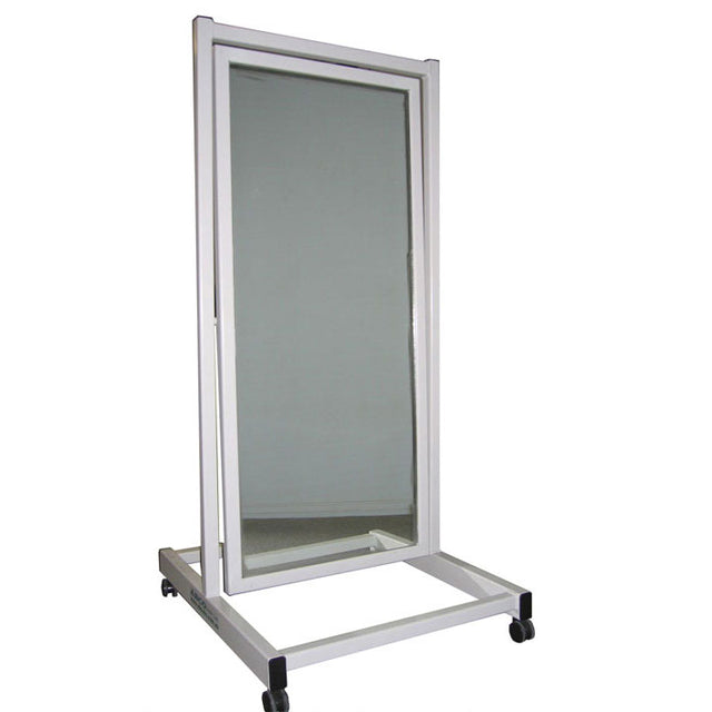 Portable display stand with a mirror on a white background