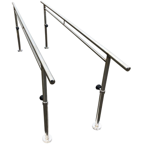 A pair of stainless steel parallel walking bars with adjustable height mechanisms and a bolt down fixed base, isolated on a white background.