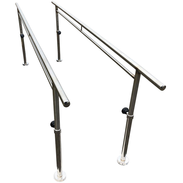 A pair of stainless steel parallel walking bars with adjustable height mechanisms and a bolt down fixed base, isolated on a white background.