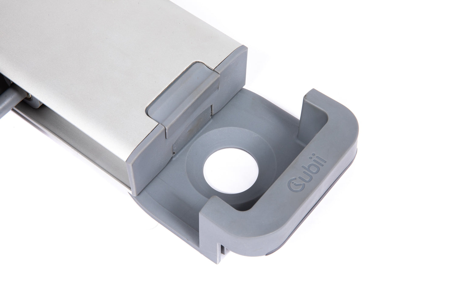 Gray and white electronic device with 'Cubii' branding on a white background