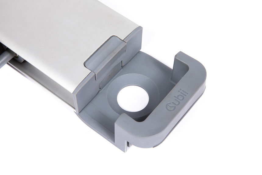 Gray and white electronic device with 'Cubii' branding on a white background
