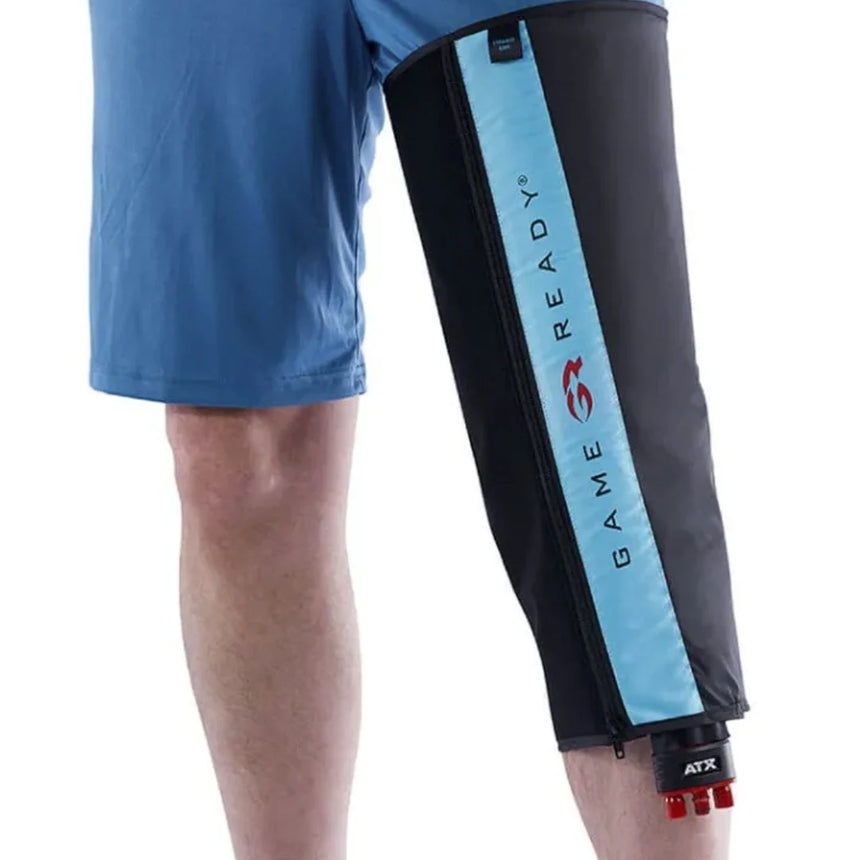 Game Ready straight knee wrap fitted to a leg. This listing is the replacement outer sleeve only.