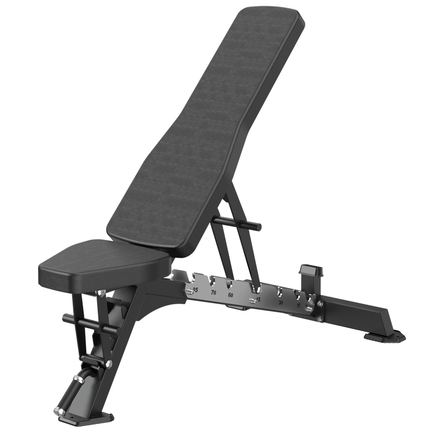 Flat to Incline Adjustable weight bench with a black padded backrest and seat.