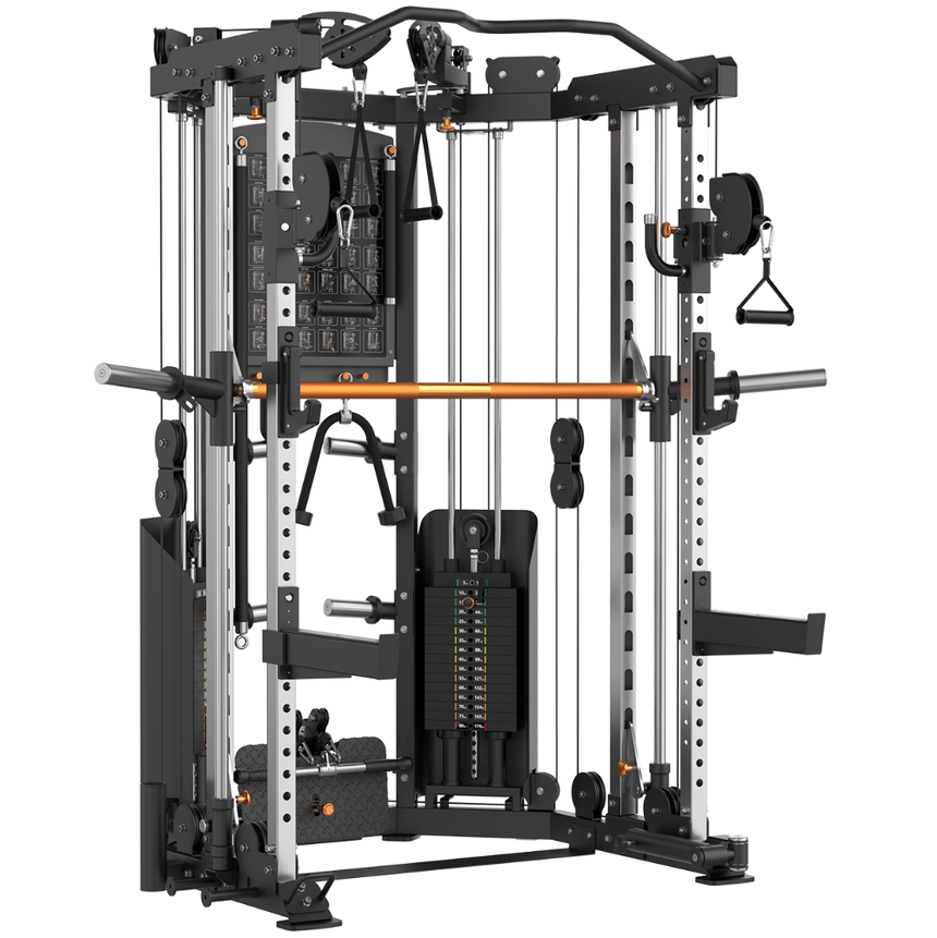 A multi-functional home gym cable machine with a barbell, featuring a black and silver steel frame with a prominent copper-colored horizontal bar, various pulley systems, and handles, isolated on a white background.
