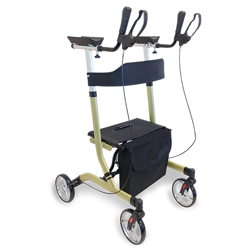 RedGum Walking Tutor with Seat RG4320AA forearm support walker, full side view showing padded forearm troughs, loop brake handles, padded seat and 200mm wheels