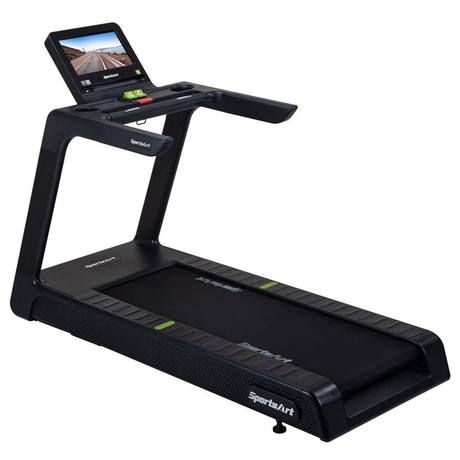 Black treadmill with a screen on a white background