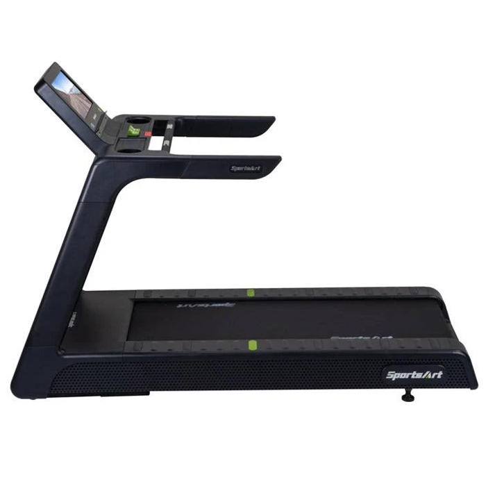 A Black treadmill with a digital display on a white background