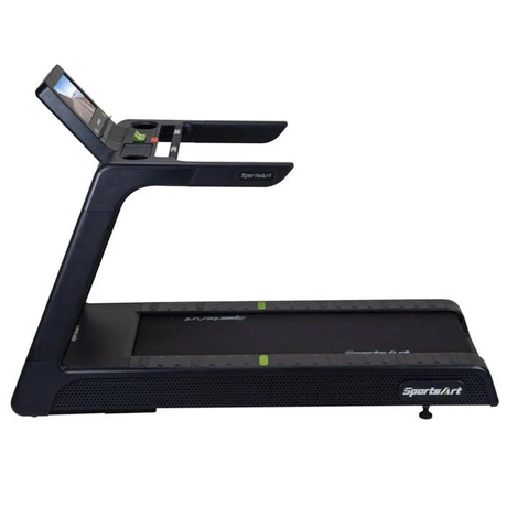 A Black treadmill with a digital display on a white background