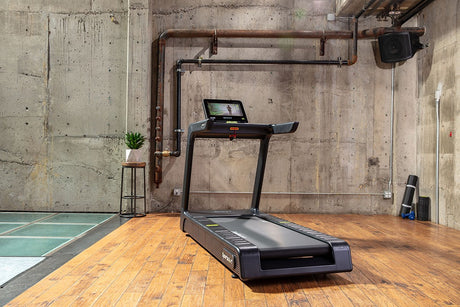 A black modern treadmill displayed in an indoor setting.