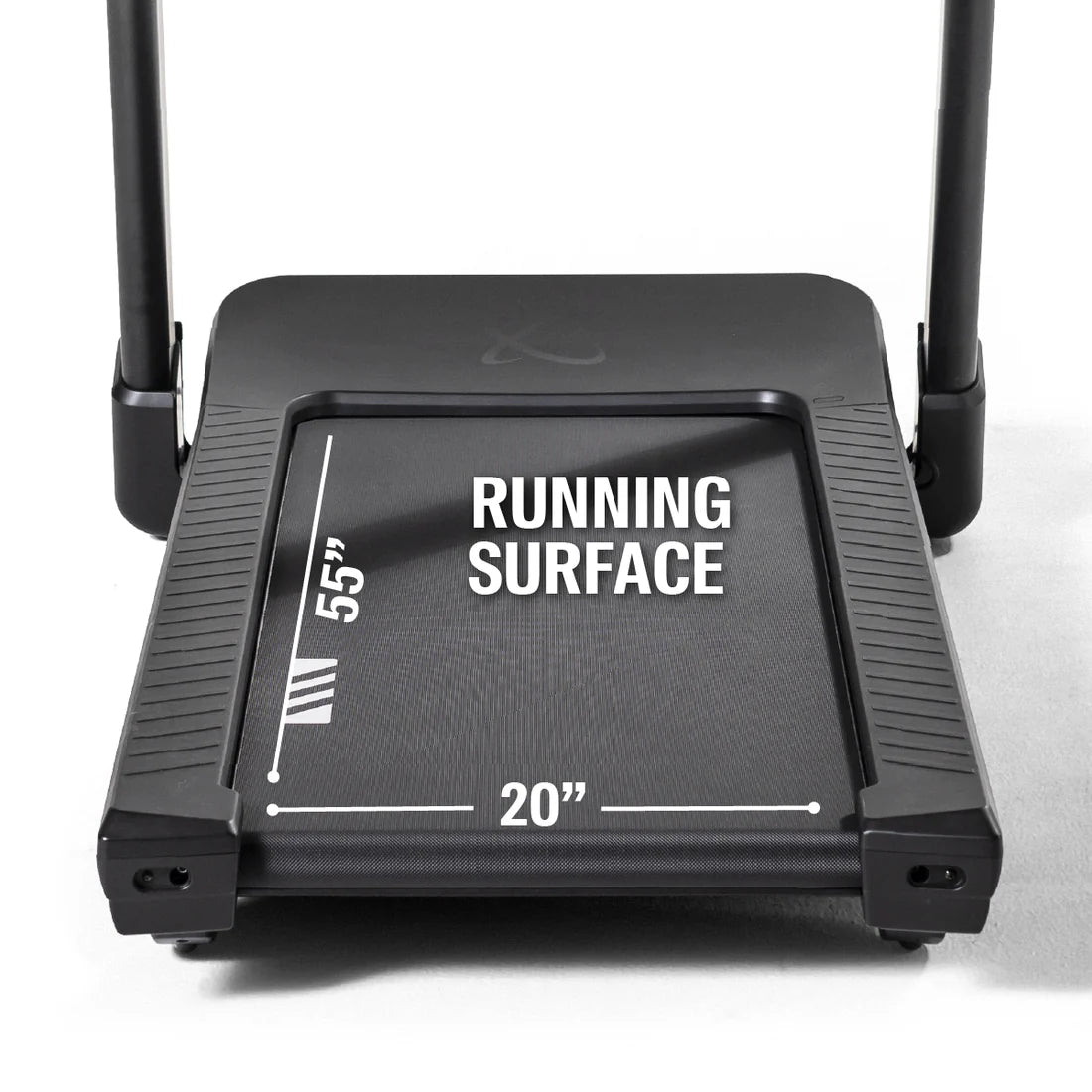 Treadmill with a visible running surface measurement on a white background