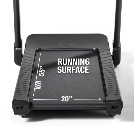 Treadmill with a visible running surface measurement on a white background