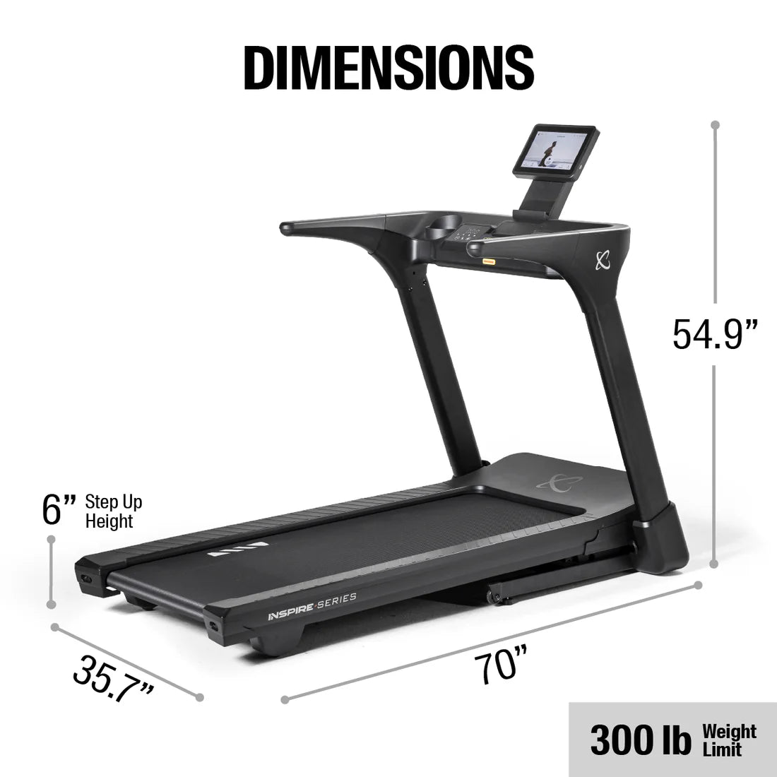 Treadmill with dimensions labeled on a white background
