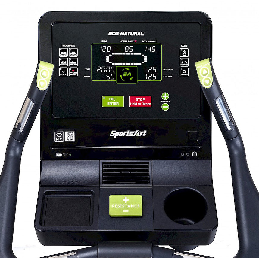 Close-up of a SportsArt C574U Upright Bike display console with digital readouts.