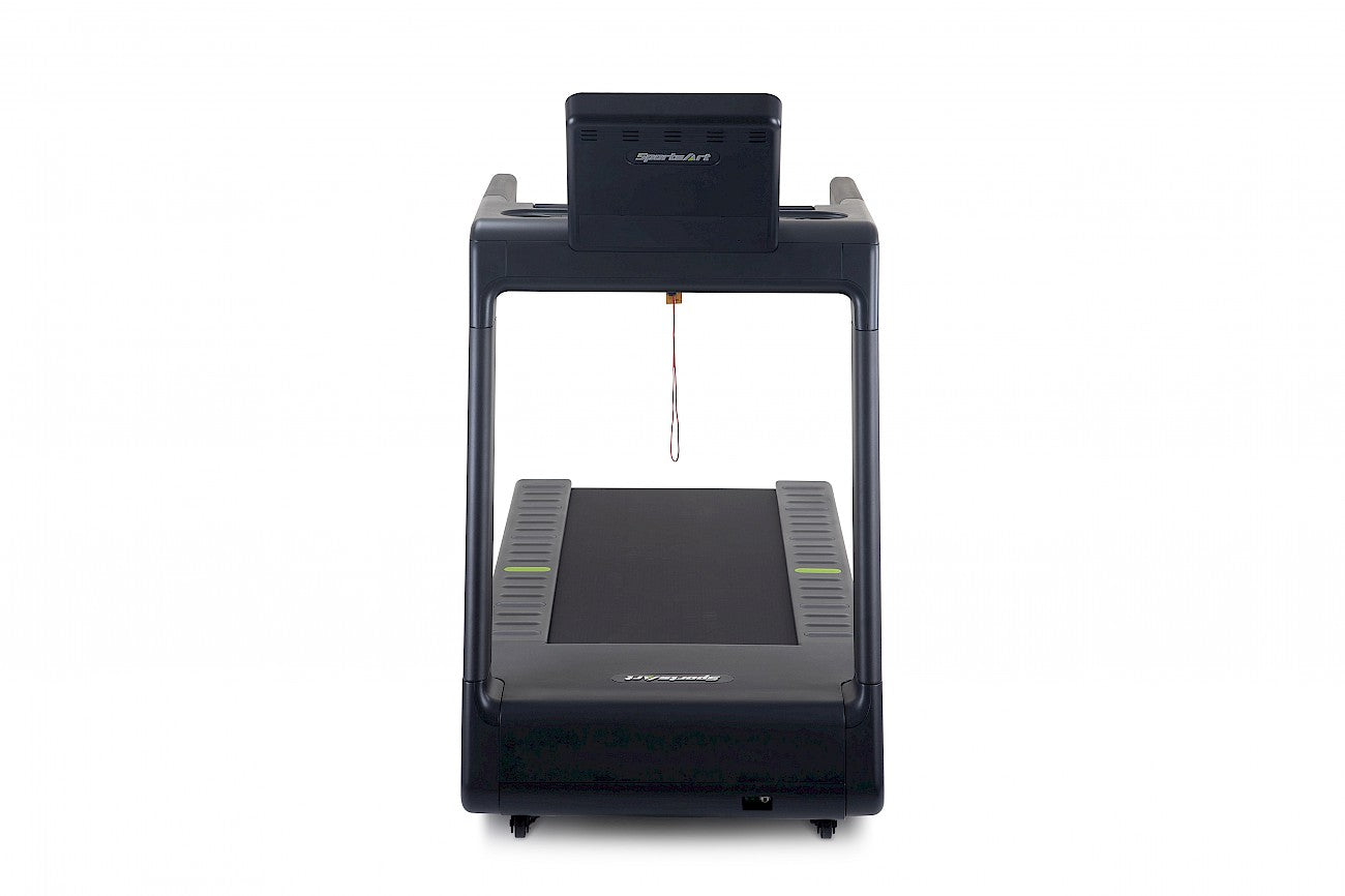A back view of a Black treadmill with a digital display on a white background