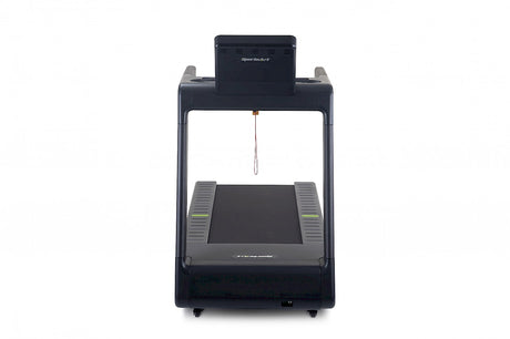 A back view of a Black treadmill with a digital display on a white background