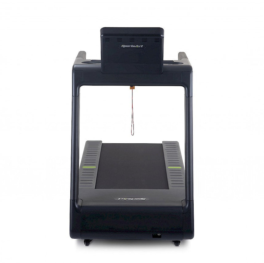 A back view of a Black treadmill with a digital display on a white background
