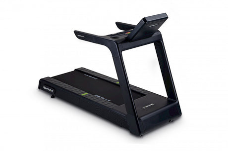 Black treadmill with a digital display on a white background