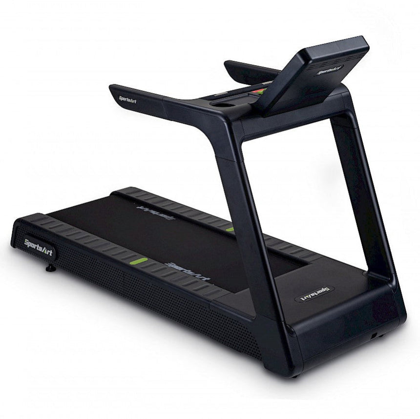 Black treadmill with a digital display on a white background
