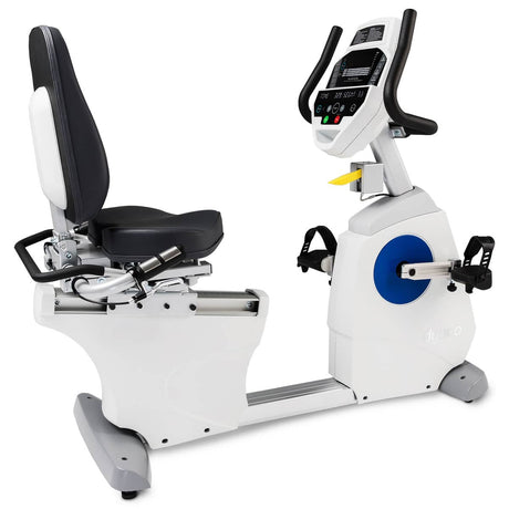Rehabilitation recumbent bike with swivel seat in an aged care gym