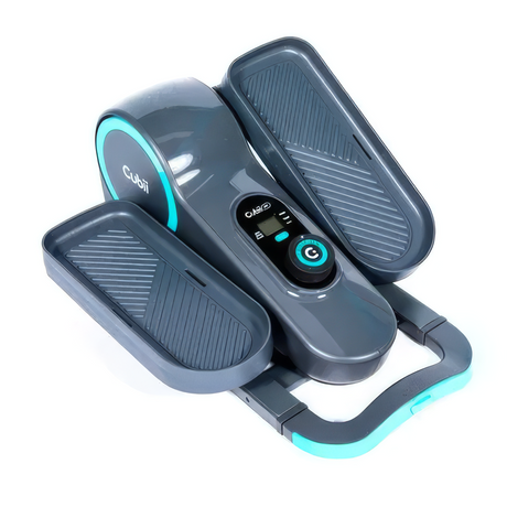 A compact step-and-run elliptical machine in dark gray with bright teal accents, featuring two foot platforms, a central console with a small display, and a handlebar, shown on a plain white background.