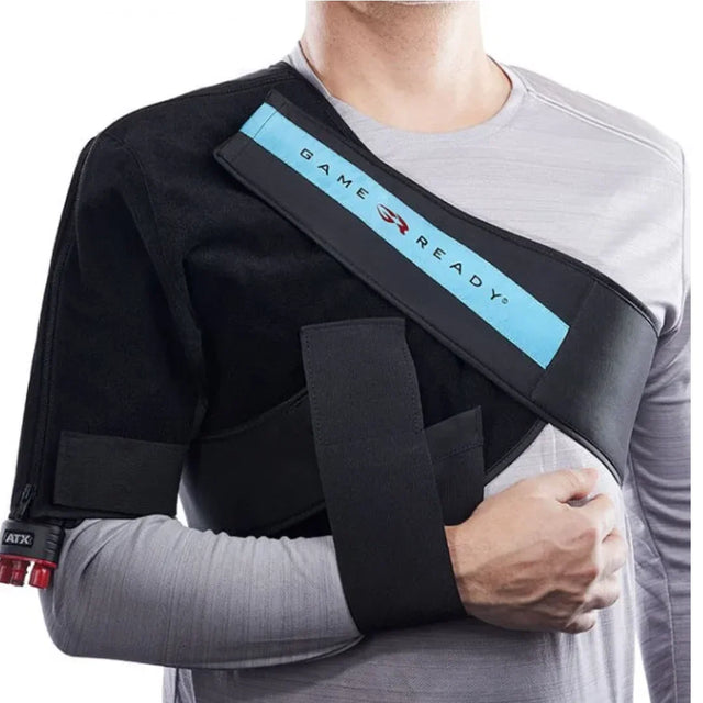 Game Ready shoulder wrap with ATX shown on the right shoulder. This listing ships the left shoulder wrap.
