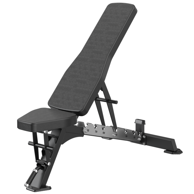 Flat to Incline Adjustable weight bench with a black padded backrest and seat.