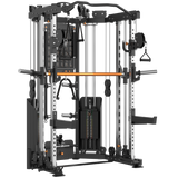 A multi-functional home gym cable machine with a barbell, featuring a black and silver steel frame with a prominent copper-colored horizontal bar, various pulley systems, and handles, isolated on a white background.
