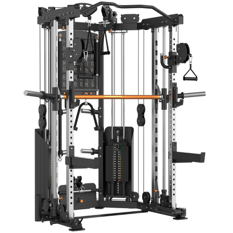 A multi-functional home gym cable machine with a barbell, featuring a black and silver steel frame with a prominent copper-colored horizontal bar, various pulley systems, and handles, isolated on a white background.