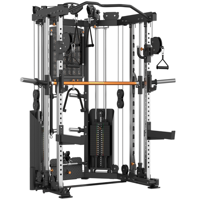 A multi-functional home gym cable machine with a barbell, featuring a black and silver steel frame with a prominent copper-colored horizontal bar, various pulley systems, and handles, isolated on a white background.