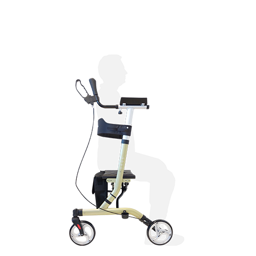 Person resting on the padded seat of the RedGum Walking Tutor with Seat forearm support walker