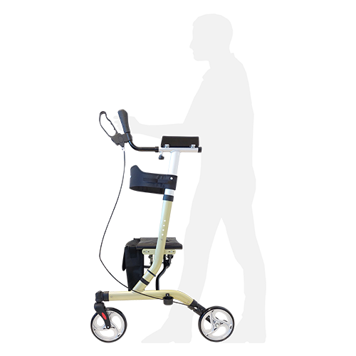 Person walking with the RedGum Walking Tutor with Seat, forearms resting in the padded supports and hands on the ergonomic grips