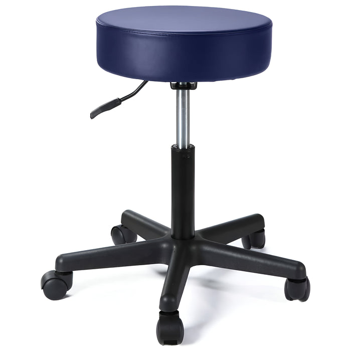 A navy blue round stool with a cushioned top, mounted on a black five-point base with smooth-rolling castors.