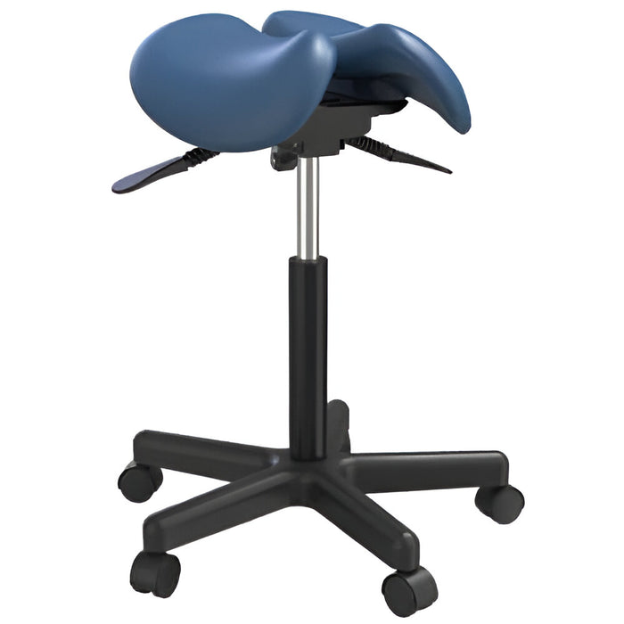 Therakit NEO angle adjustable saddle stool with navy blue upholstery for therapy use