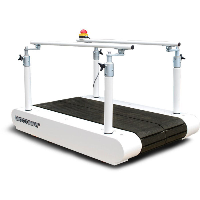 Woodway treadmill with a white frame and black running belt on a white background