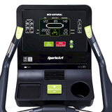 Close-up of a SportsArt C574U Upright Bike display console with digital readouts.