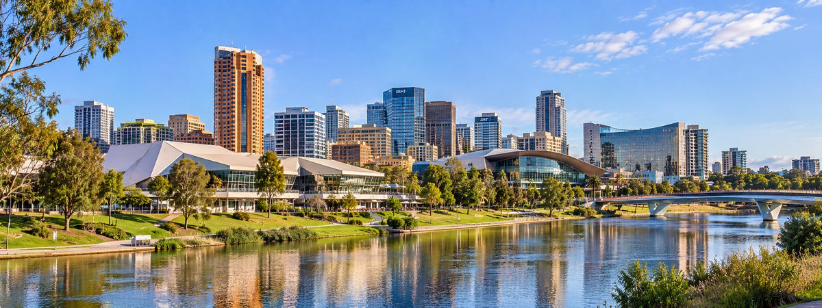 Adelaide city skyline and the Festival Centre on the River Torrens