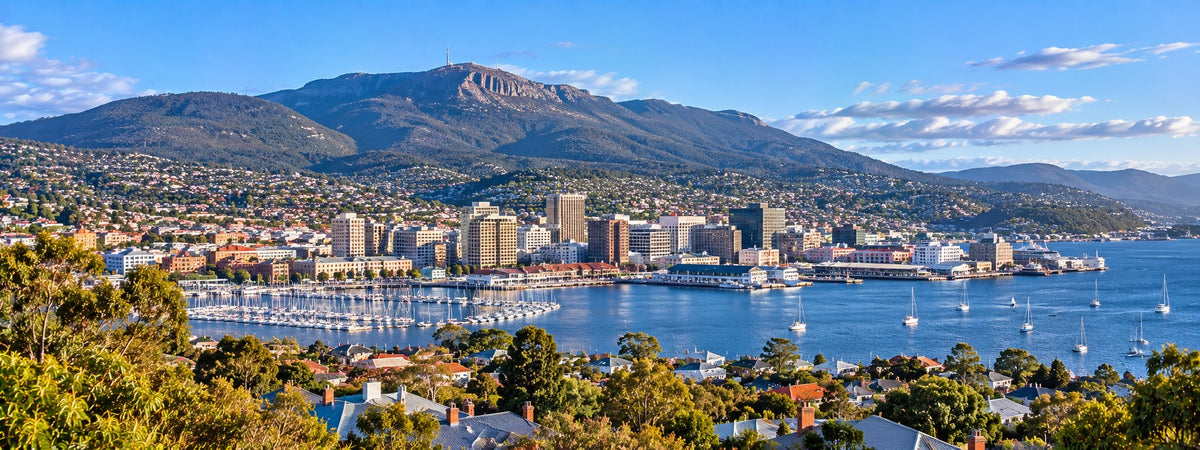 Hobart waterfront and marina below kunanyi / Mount Wellington