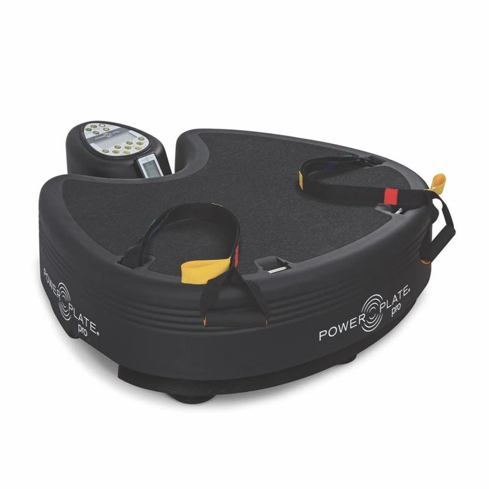 Power Plate Pro5HP vibration training platform in black with resistance straps attached